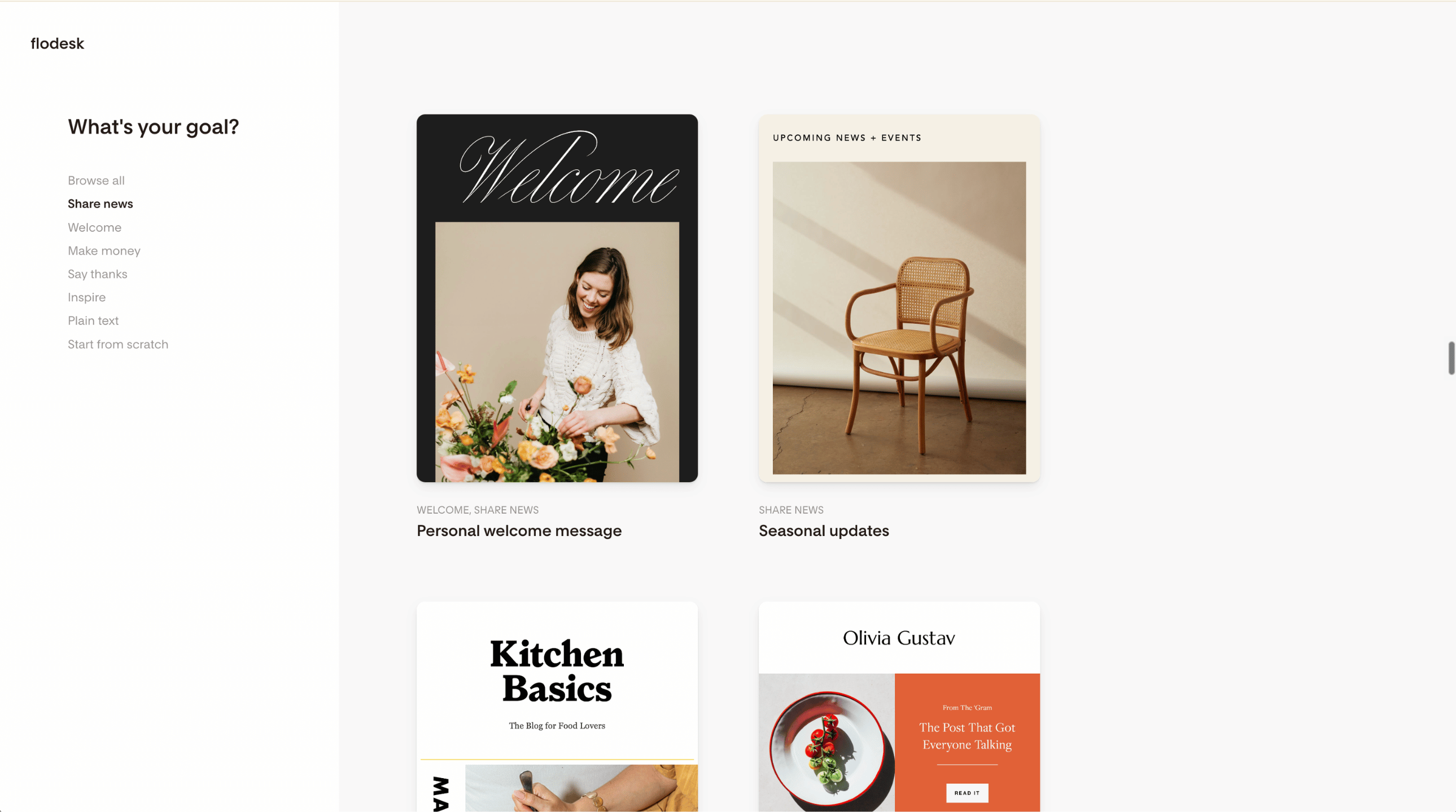 Screenshot of the Flodesk template gallery, showing designer email templates filtered by goal, including a personal welcome message and seasonal updates.