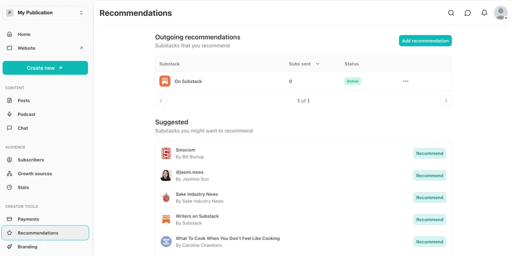 Screenshot of the Substack Recommendations page, showing outgoing recommendations and a list of suggested publications to recommend, with publishing, audience, and creator tools in the sidebar.